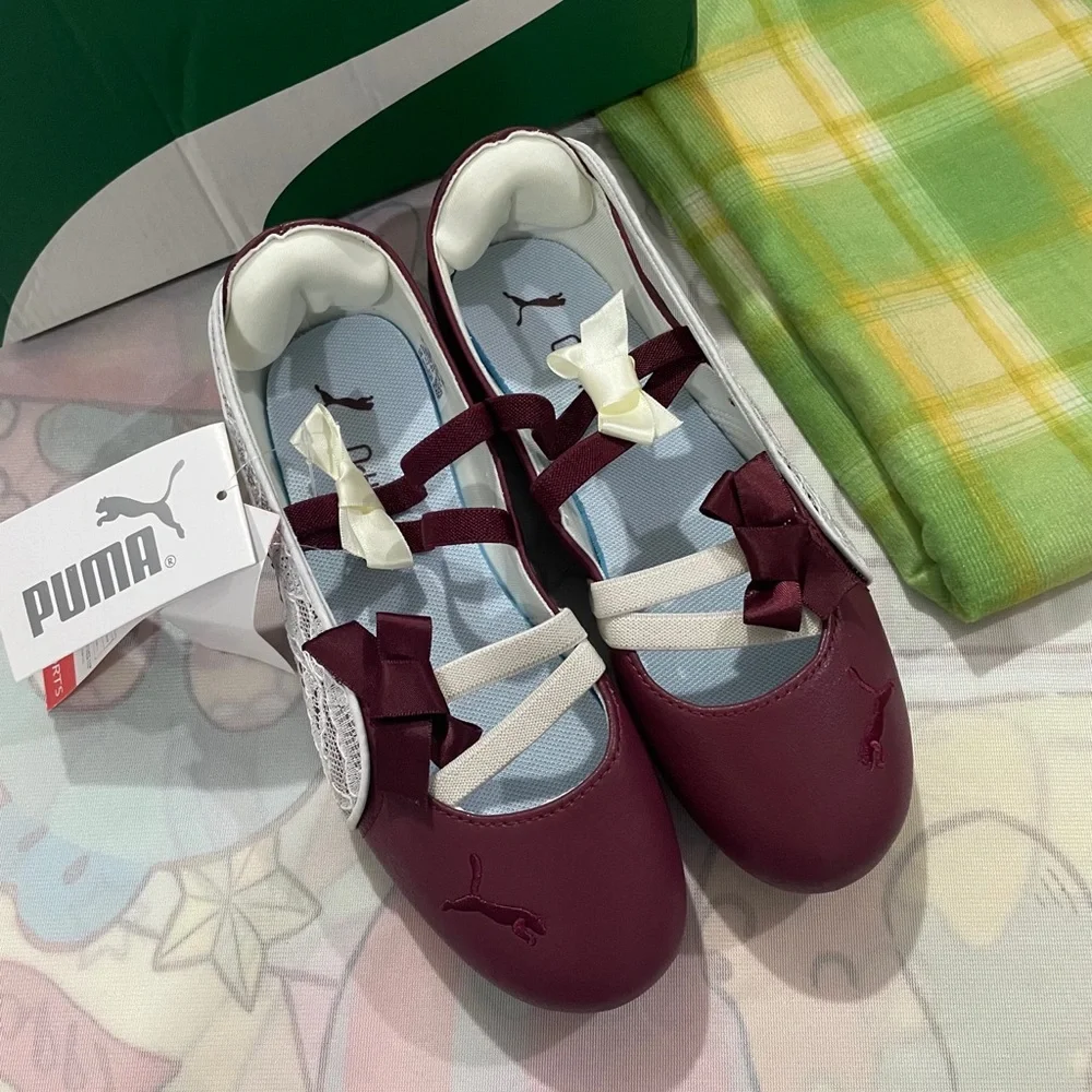 Puma Girls Burgundy and White Ballet Flats with Lace and Bows